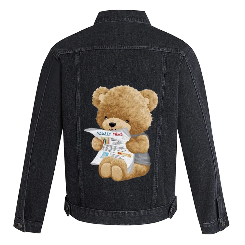 Mens Vintage Cartoon Cute Bear Prints Daliy News Denim Jacket