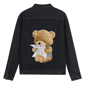 Mens Vintage Cartoon Cute Bear Prints Daliy News Denim Jacket
