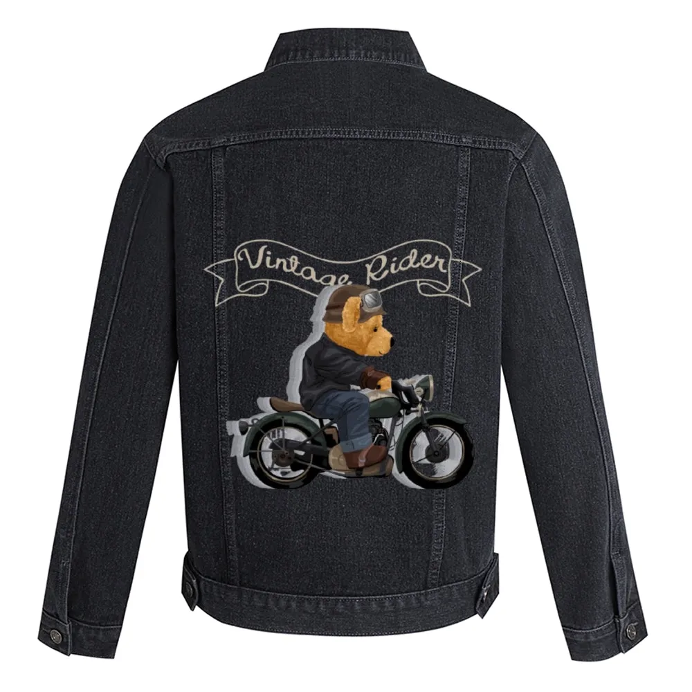 Mens Vintage Cartoon Cute Bear Vintaae Rider Prints Denim Jacket