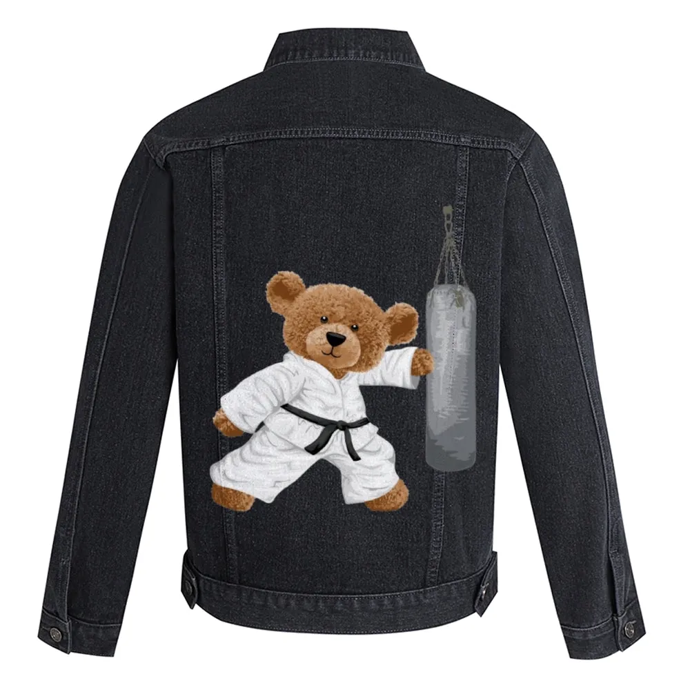Mens Vintage Cartoon Cute Taekwondo Bear Prints Denim Jacket
