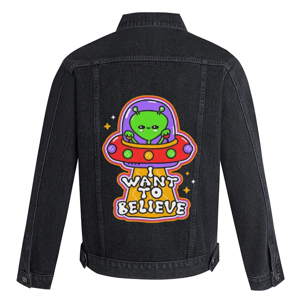 Mens Vintage Cartoon Prints Alien Spaceship I WANT TO BELIEVE Denim Jacket