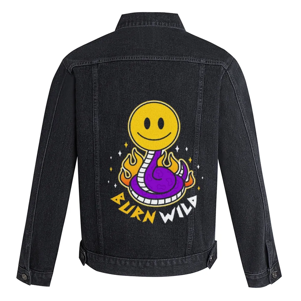 Mens Vintage Cartoon Prints BURN WILD Denim Jacket