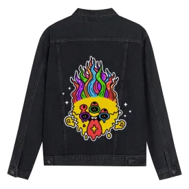 Mens Vintage Cartoon Prints Colored Hair Denim Jacket