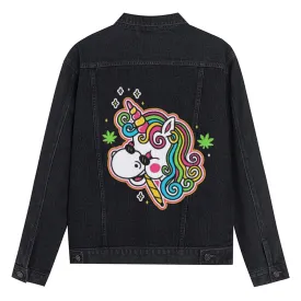 Mens Vintage Cartoon Prints Colorful Unicorn Denim Jacket