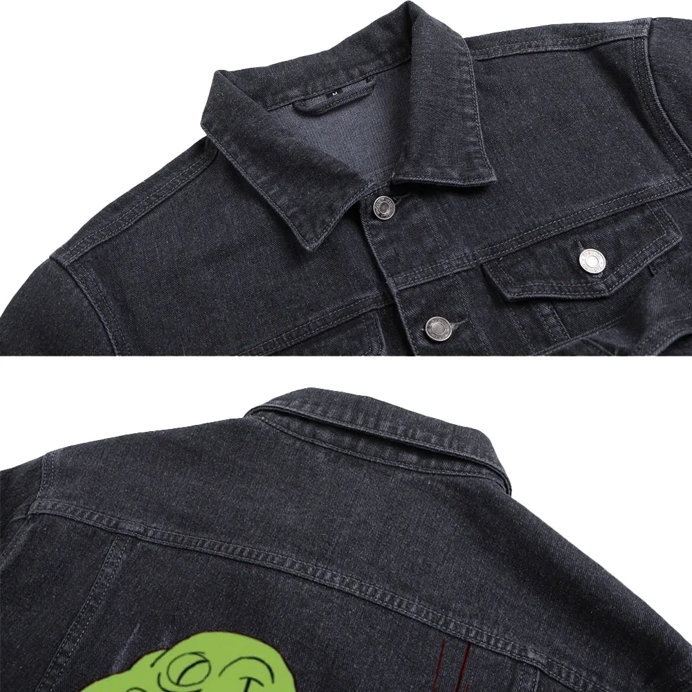 Mens Vintage Cartoon Prints Cute Green Dinosaur Just For Fun Denim Jacket