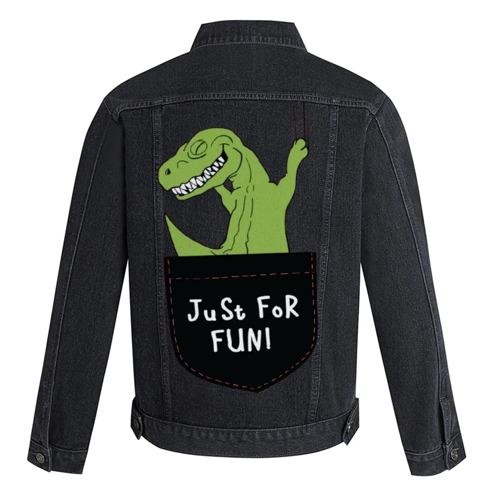 Mens Vintage Cartoon Prints Cute Green Dinosaur Just For Fun Denim Jacket