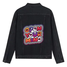Mens Vintage Cartoon Prints OPEN YOUR MIND Denim Jacket