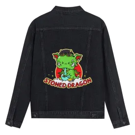 Mens Vintage Cartoon Prints STONED DRAGON Denim Jacket