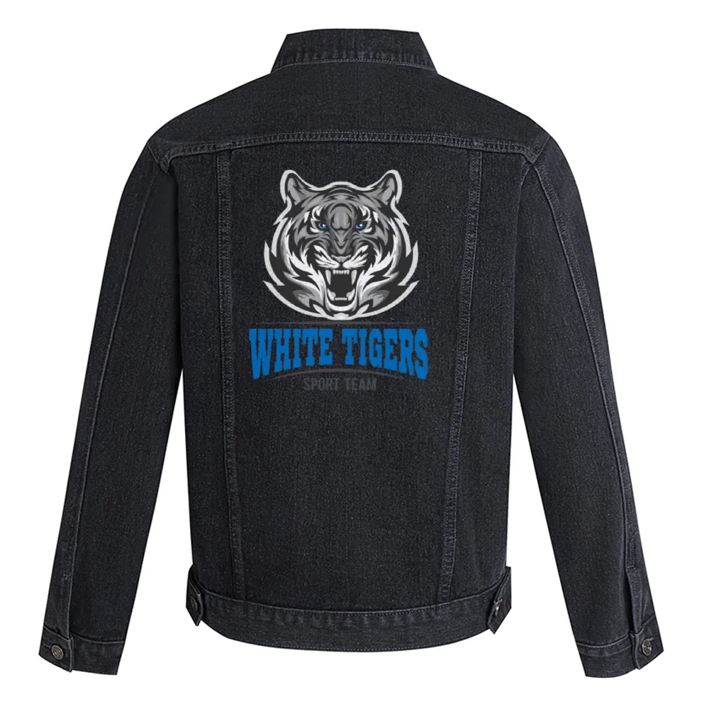 Mens Vintage Cartoon Prints WHITE TIGERS SPORT TEAM Denim Jacket