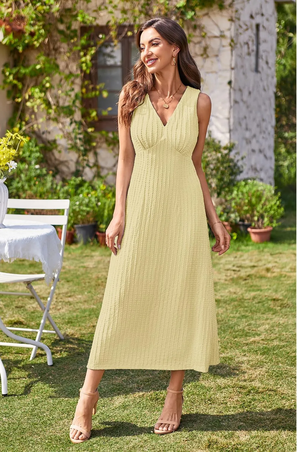 Newshows Womens 2025 Summer Wedding Guest V Neck Sleeveless Long Maxi A Line Empire Waist Elegant Formal Texture Dress
