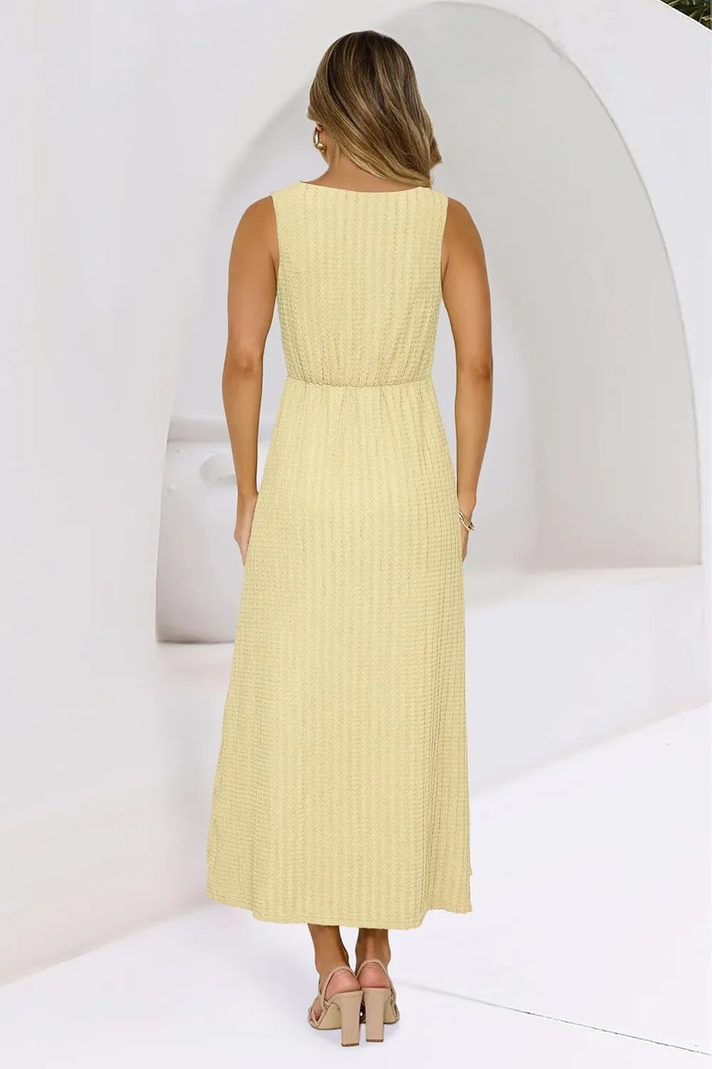 Newshows Womens 2025 Summer Wedding Guest V Neck Sleeveless Long Maxi A Line Empire Waist Elegant Formal Texture Dress