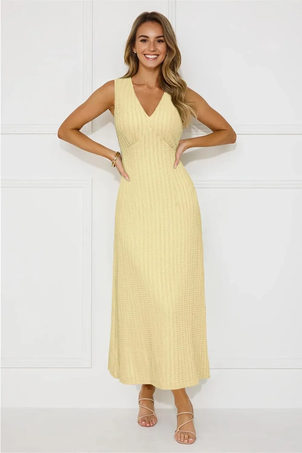 Newshows Womens 2025 Summer Wedding Guest V Neck Sleeveless Long Maxi A Line Empire Waist Elegant Formal Texture Dress