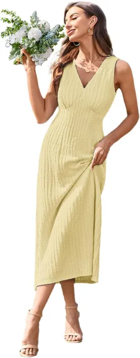 Newshows Womens 2025 Summer Wedding Guest V Neck Sleeveless Long Maxi A Line Empire Waist Elegant Formal Texture Dress