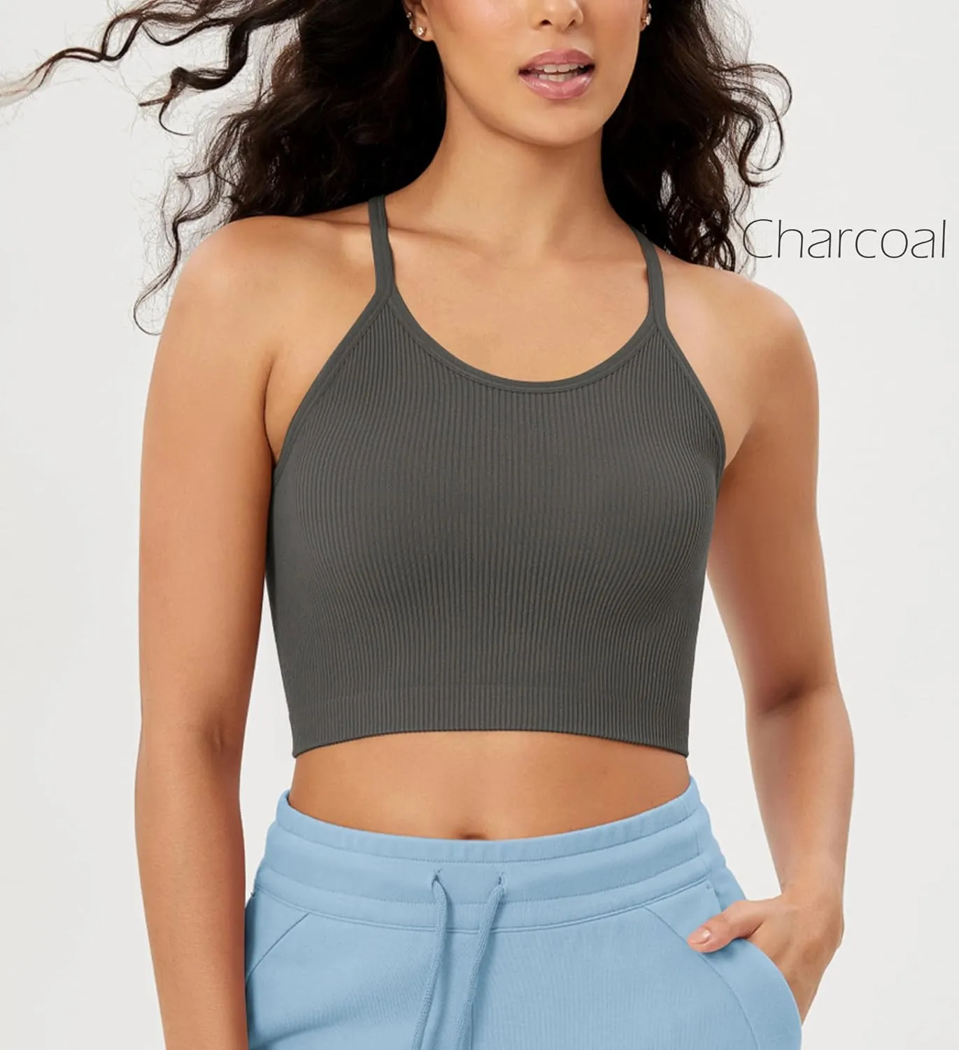 ODODOS Women's Crop 3-Pack Seamless Rib-Knit Camisole Crop Tank Tops