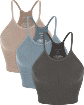 ODODOS Women's Crop 3-Pack Seamless Rib-Knit Camisole Crop Tank Tops