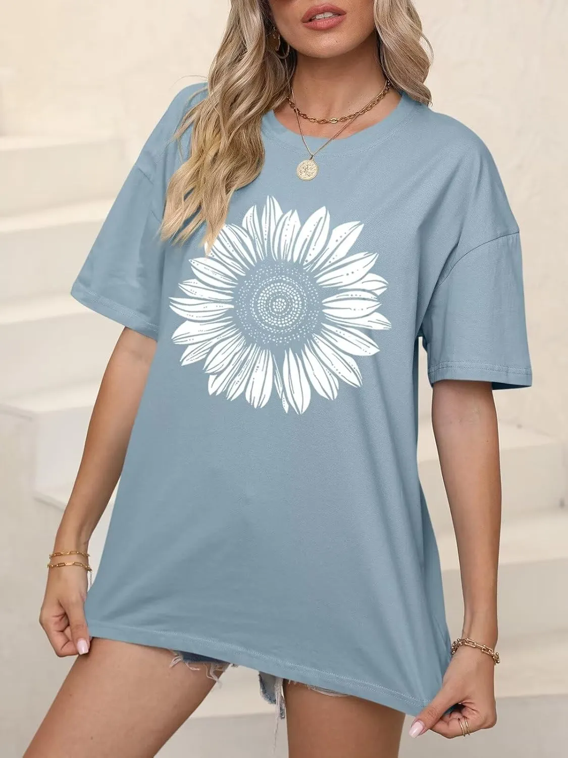 ORANDESIGNE Womens Oversized Graphic Print Short Sleeve Tunic Tops Crew Neck Casual Drop Shoulder T Shirts