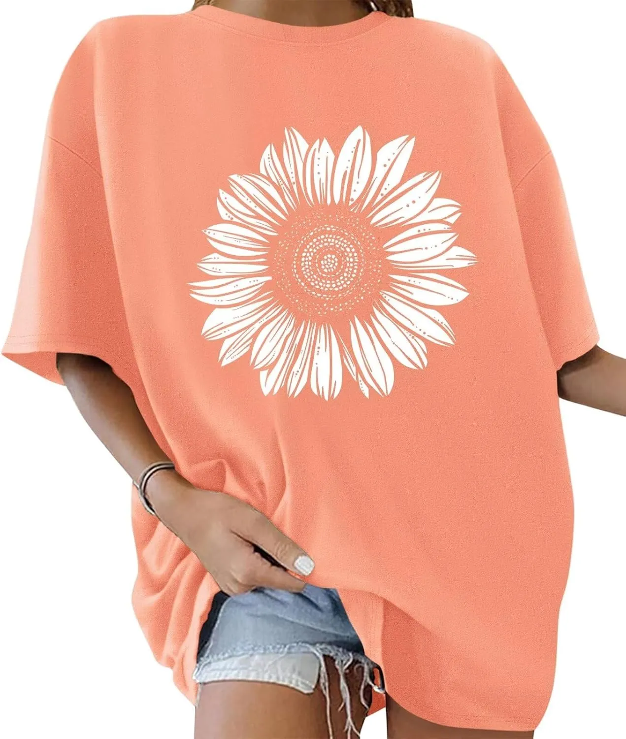 ORANDESIGNE Womens Oversized Graphic Print Short Sleeve Tunic Tops Crew Neck Casual Drop Shoulder T Shirts