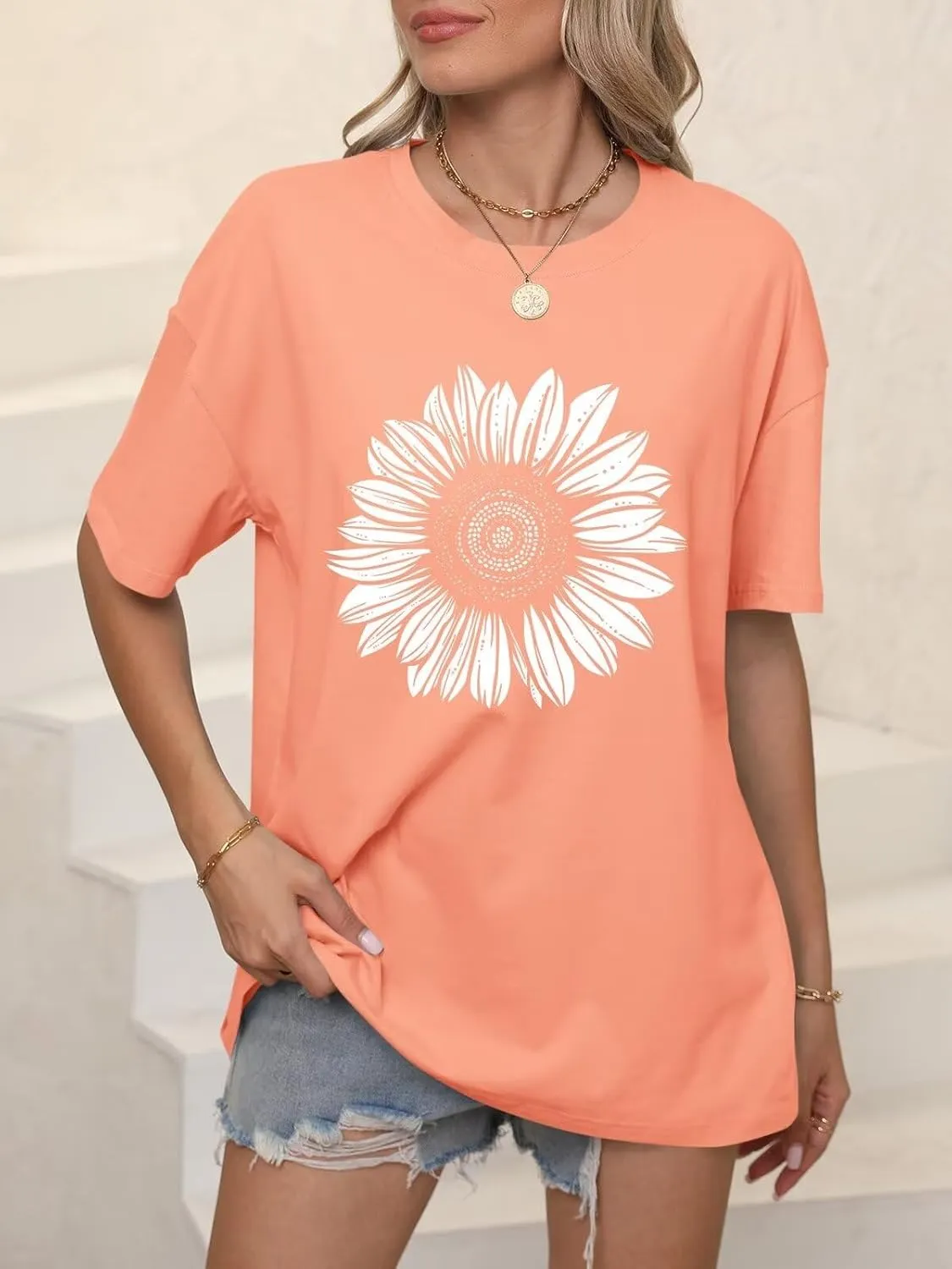 ORANDESIGNE Womens Oversized Graphic Print Short Sleeve Tunic Tops Crew Neck Casual Drop Shoulder T Shirts