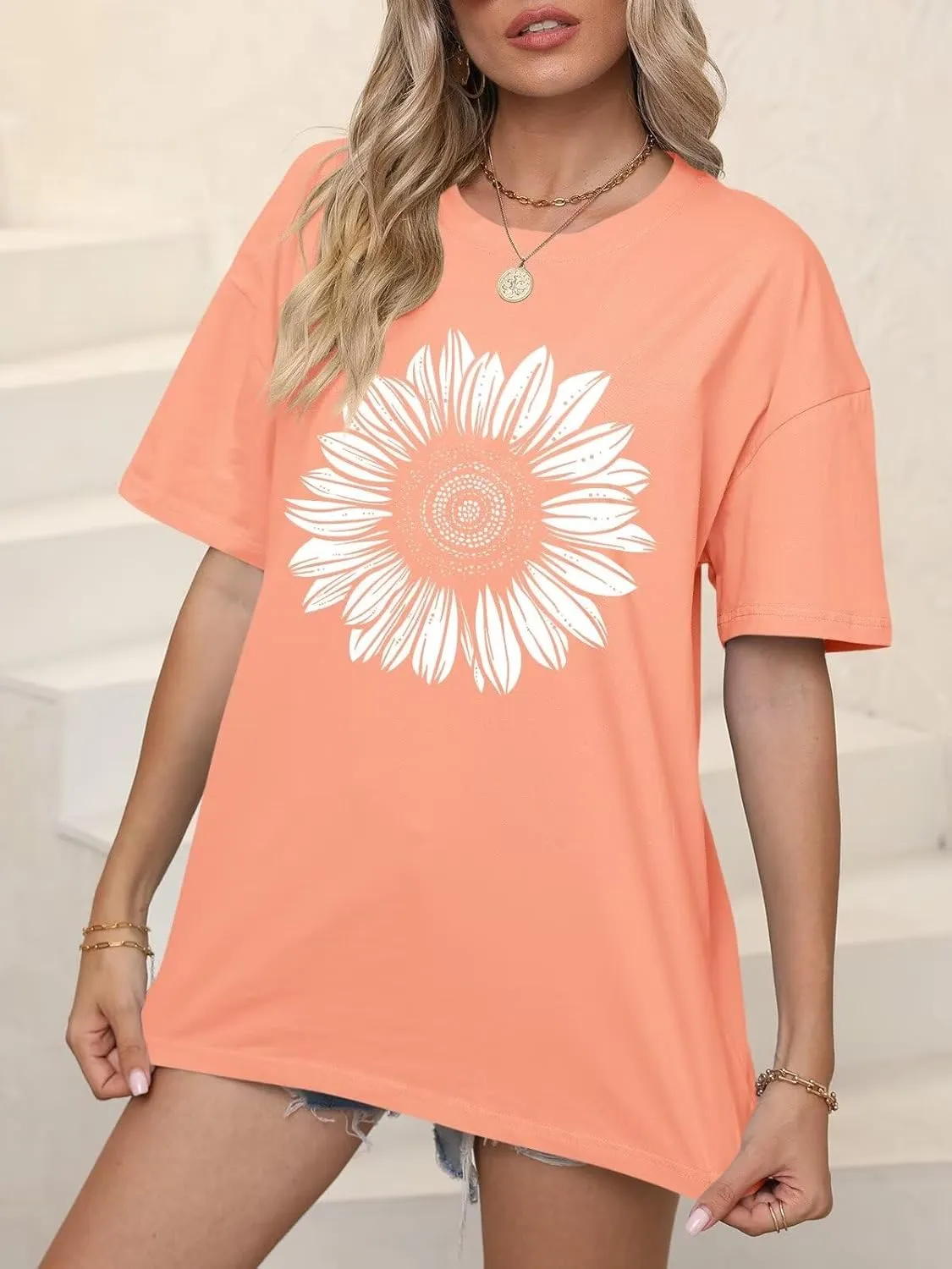 ORANDESIGNE Womens Oversized Graphic Print Short Sleeve Tunic Tops Crew Neck Casual Drop Shoulder T Shirts