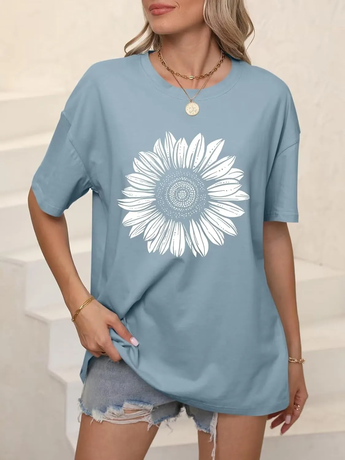 ORANDESIGNE Womens Oversized Graphic Print Short Sleeve Tunic Tops Crew Neck Casual Drop Shoulder T Shirts