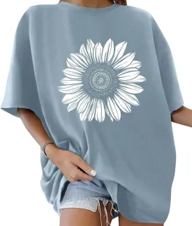 ORANDESIGNE Womens Oversized Graphic Print Short Sleeve Tunic Tops Crew Neck Casual Drop Shoulder T Shirts