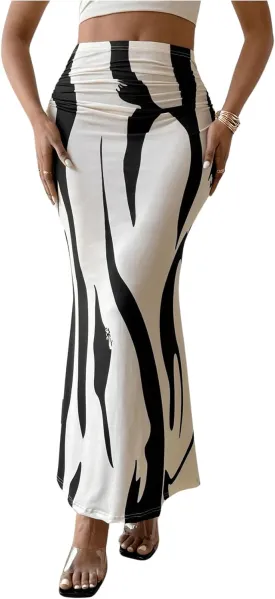 OYOANGLE Women's Graphic Printed Ruch Maxi Skirt High Waist Stretchy Bodycon Skirts