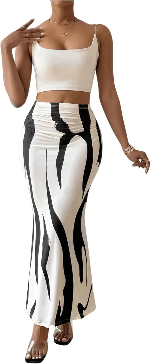 OYOANGLE Women's Graphic Printed Ruch Maxi Skirt High Waist Stretchy Bodycon Skirts