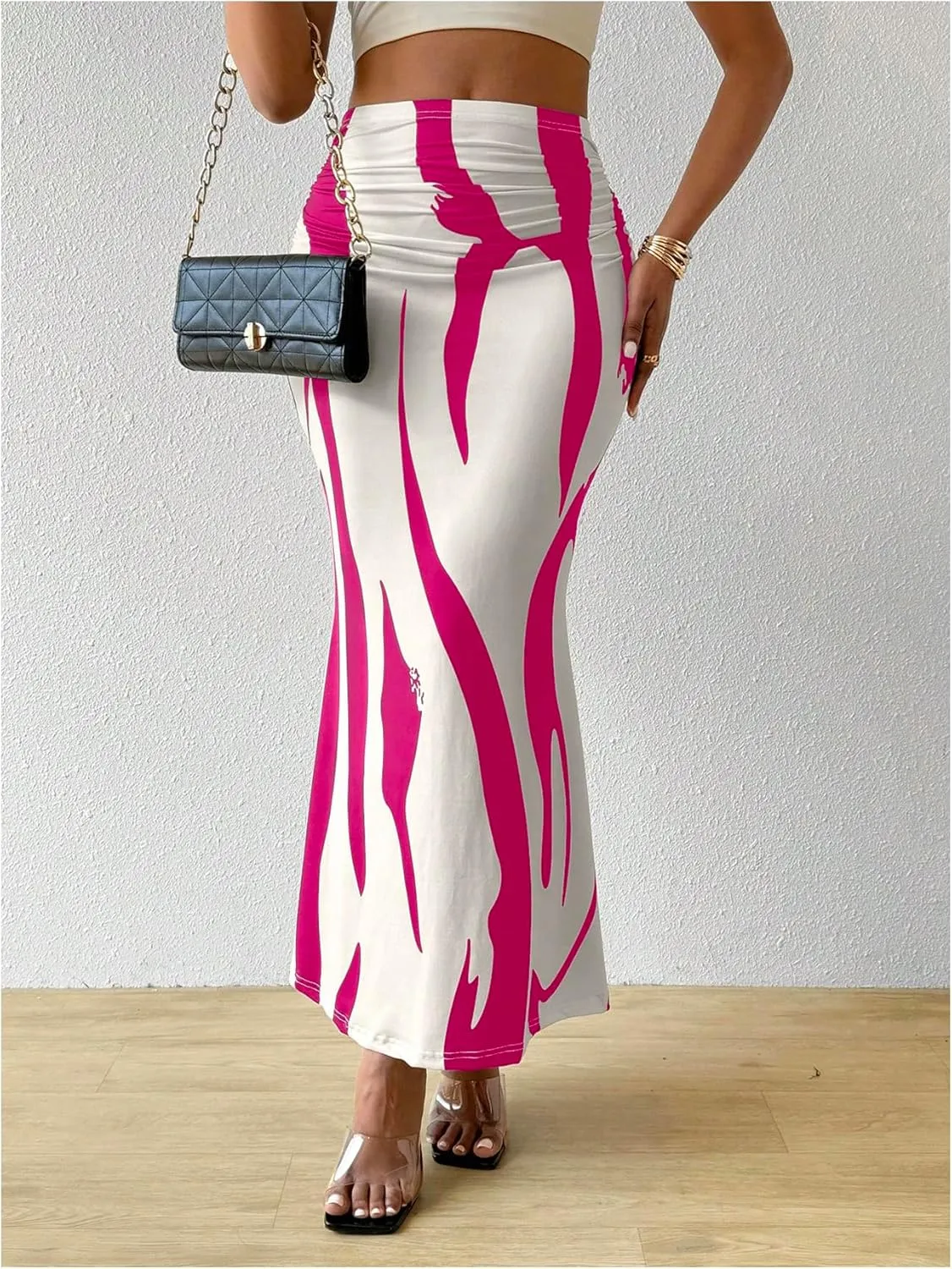 OYOANGLE Women's Graphic Printed Ruch Maxi Skirt High Waist Stretchy Bodycon Skirts