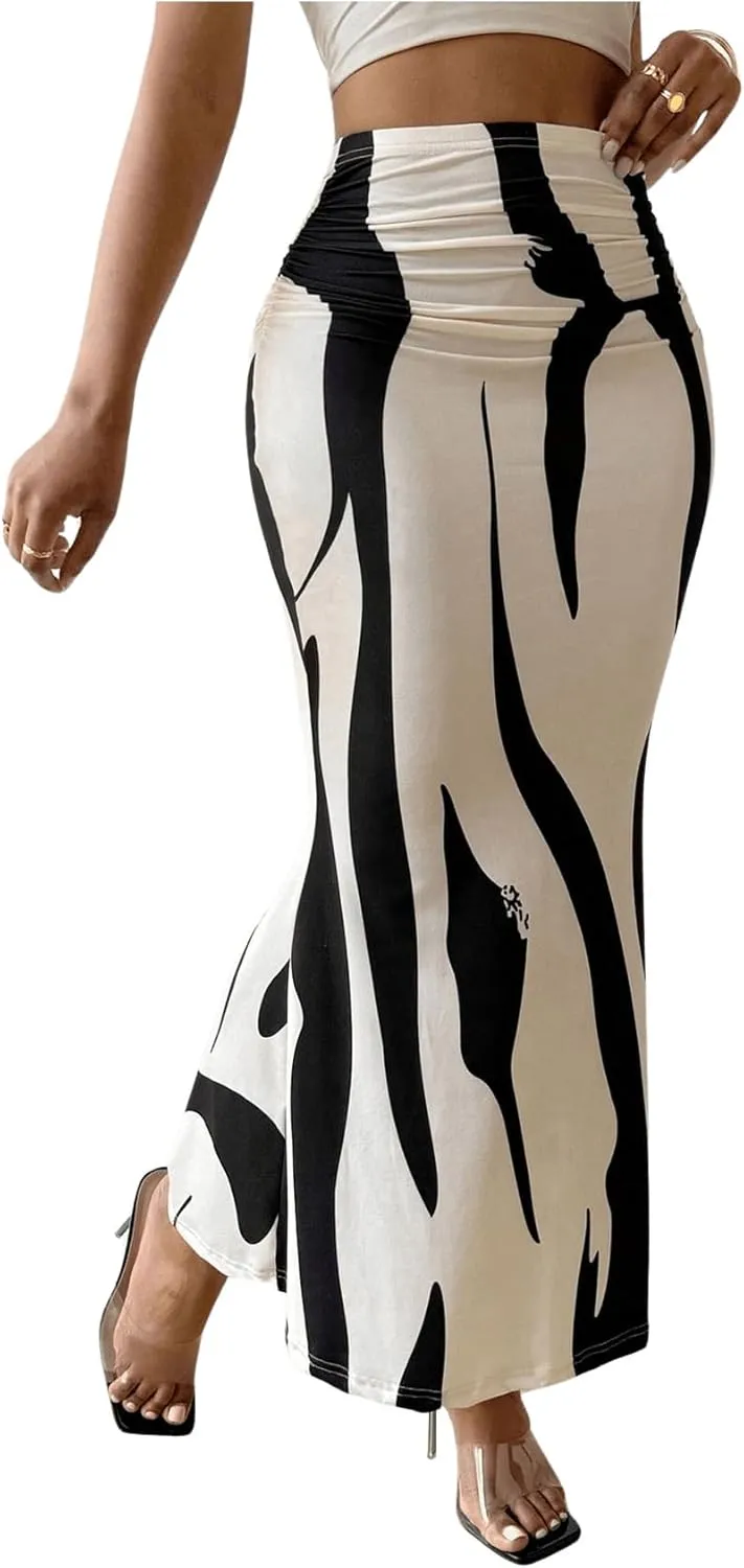 OYOANGLE Women's Graphic Printed Ruch Maxi Skirt High Waist Stretchy Bodycon Skirts
