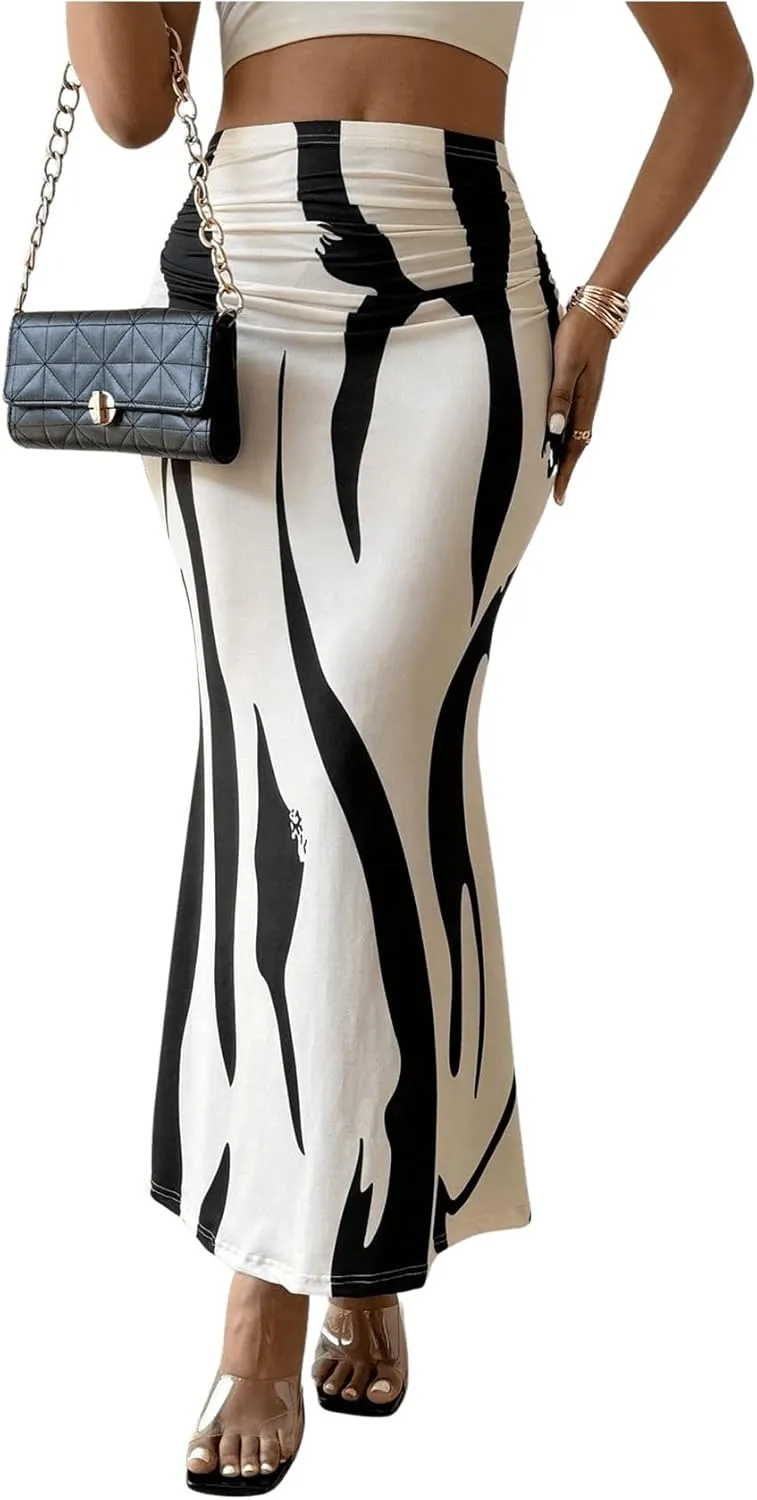 OYOANGLE Women's Graphic Printed Ruch Maxi Skirt High Waist Stretchy Bodycon Skirts