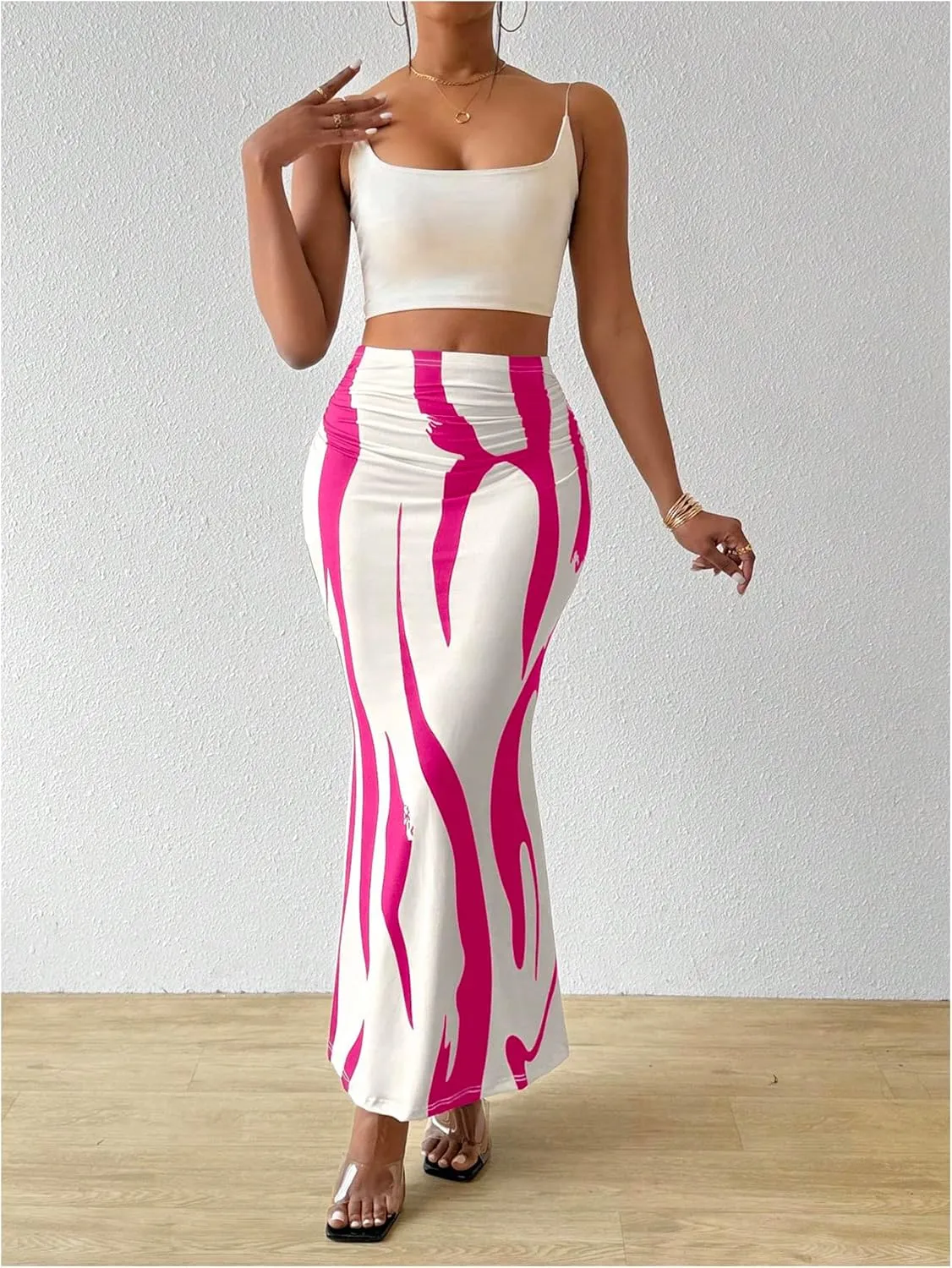 OYOANGLE Women's Graphic Printed Ruch Maxi Skirt High Waist Stretchy Bodycon Skirts