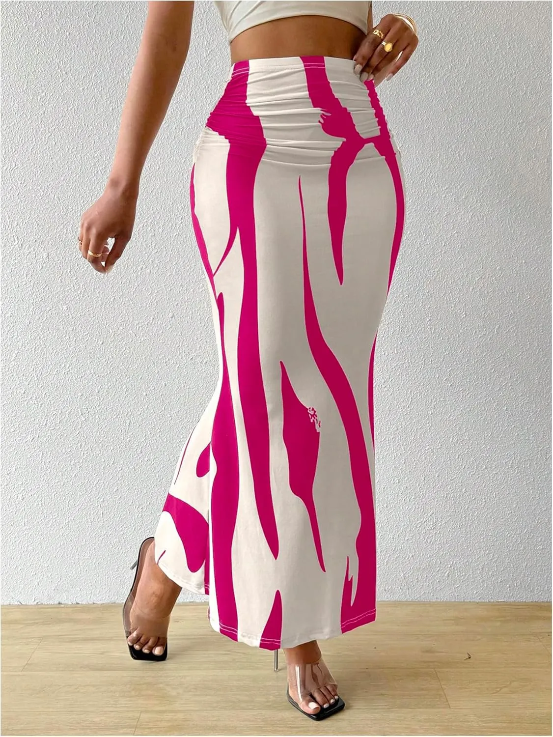 OYOANGLE Women's Graphic Printed Ruch Maxi Skirt High Waist Stretchy Bodycon Skirts