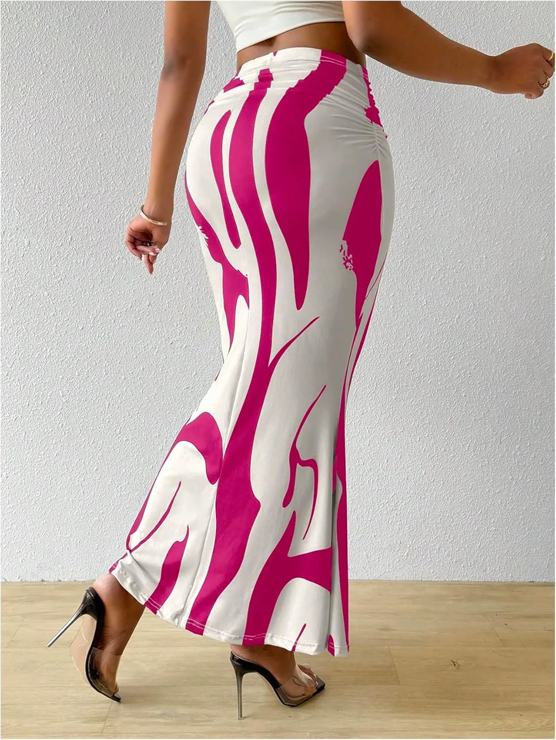 OYOANGLE Women's Graphic Printed Ruch Maxi Skirt High Waist Stretchy Bodycon Skirts