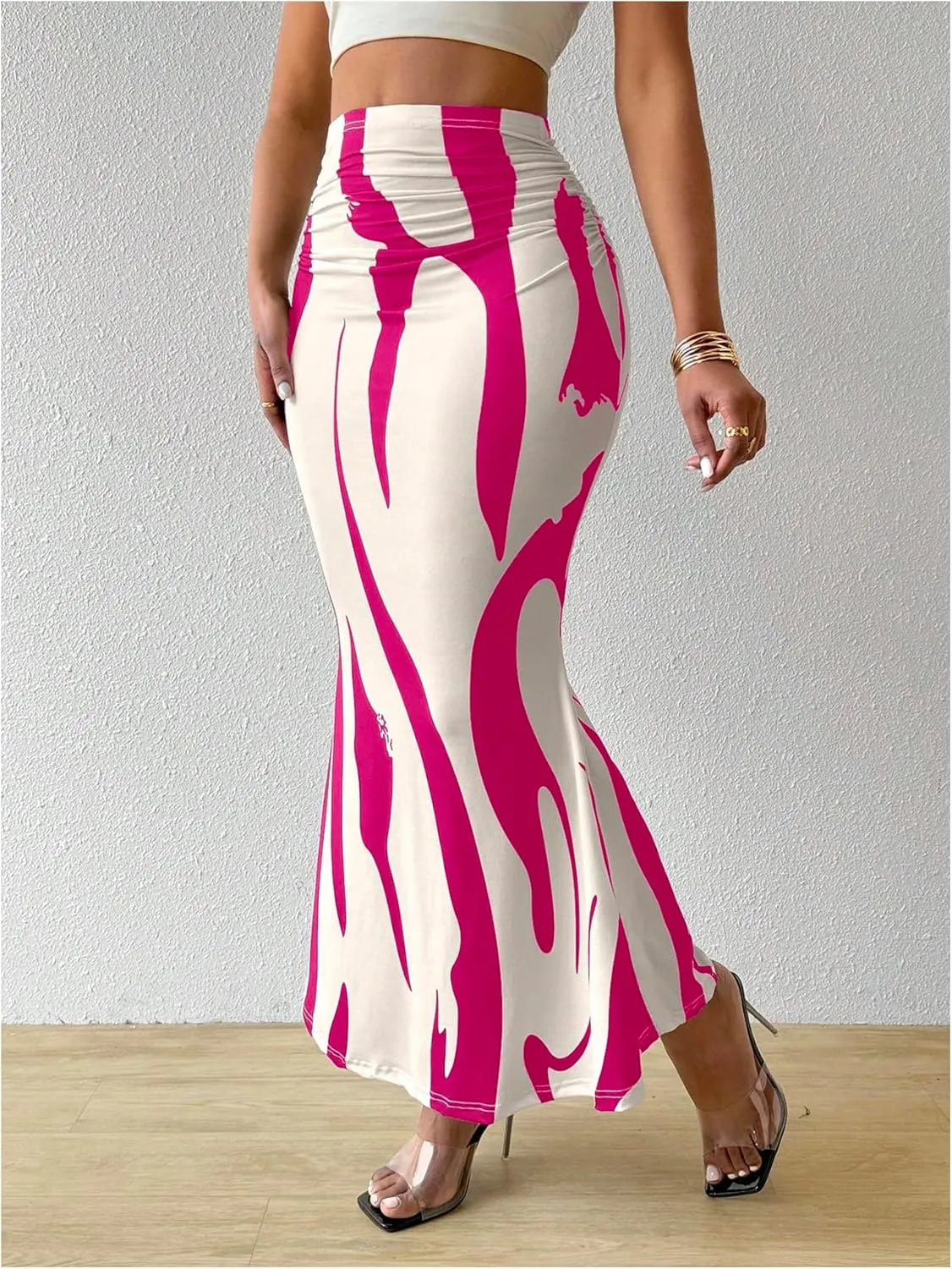 OYOANGLE Women's Graphic Printed Ruch Maxi Skirt High Waist Stretchy Bodycon Skirts