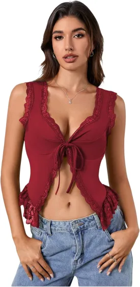 OYOANGLE Women's Summer Casual Tie Front Top Sleeveless V Neck Lace Trim Going Out Crop Blouse