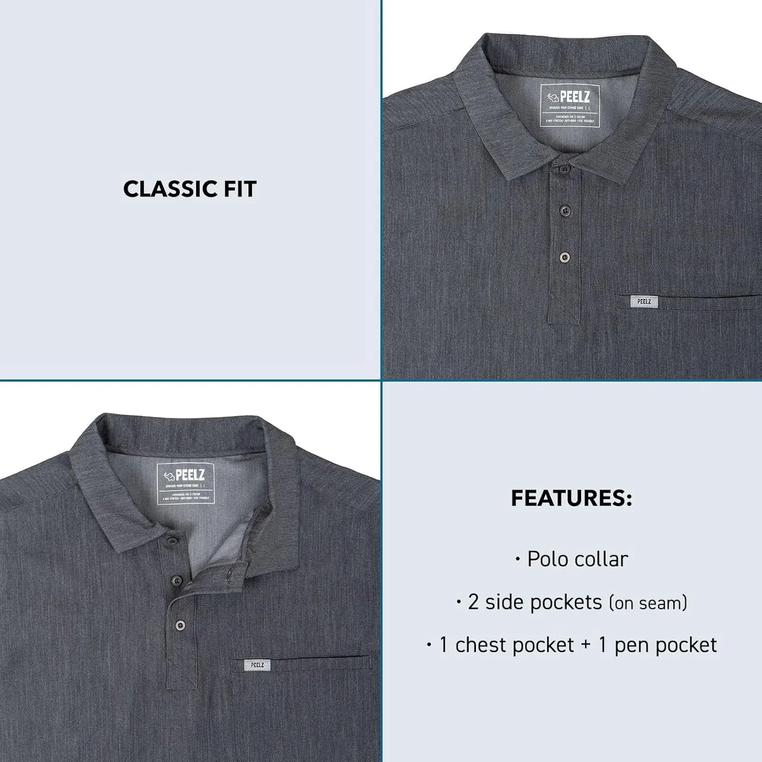 Peelz Jack 4-Pocket Polo Scrub Tops for Men - Soft Stretch Fabric Scrubs, Fashion-Forward Men's Scrub Top, Classic Fit