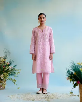 Pink Rose Crushed Stripe Tissue Kurta with 
Floral Embroidery and Bead Work 
with Narrow Pants