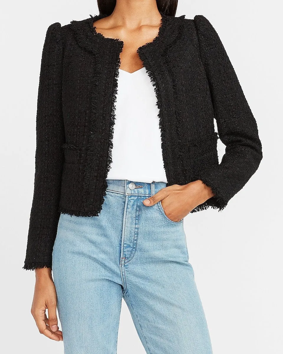 Puff Sleeve Boucle Jacket in Pitch Black