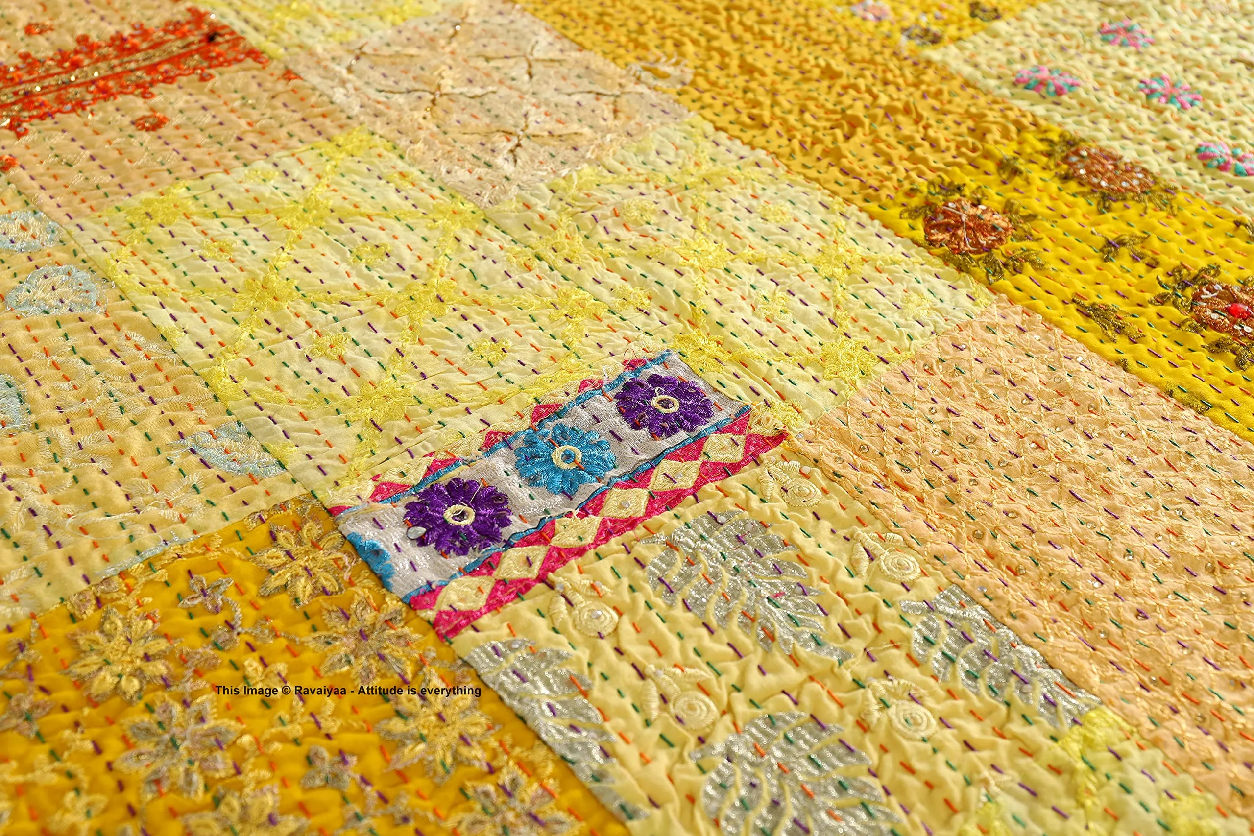 Ravaiyaa - Attitude is everything Khambadiya Silk Patchwork Throw Blanket Sofa Cover Couch Throw Decorative 52" X 64" Inch (Yellow)