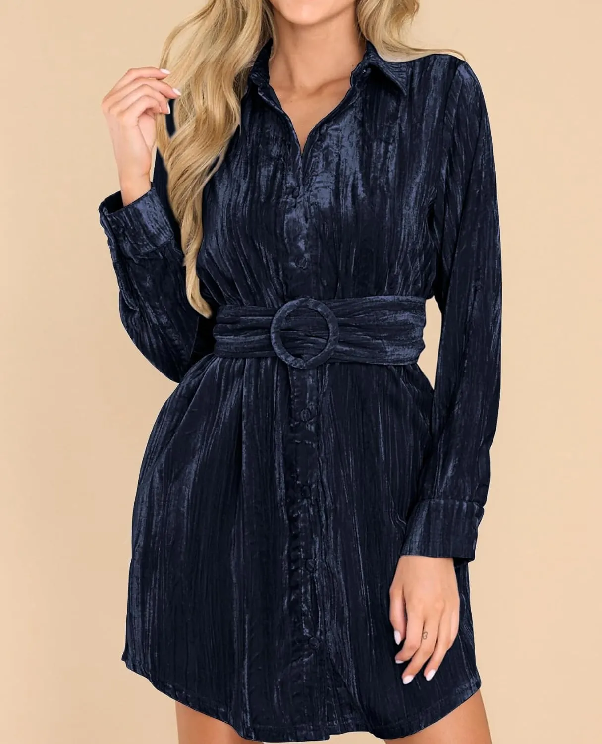 R.Vivimos Women's Shirt Dress Fall Velvet Button Down Long Sleeve Casual Mini Dress with Belt