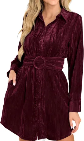 R.Vivimos Women's Shirt Dress Fall Velvet Button Down Long Sleeve Casual Mini Dress with Belt