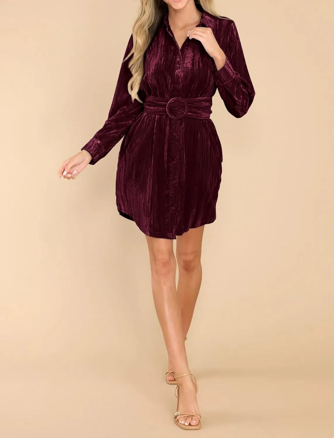 R.Vivimos Women's Shirt Dress Fall Velvet Button Down Long Sleeve Casual Mini Dress with Belt