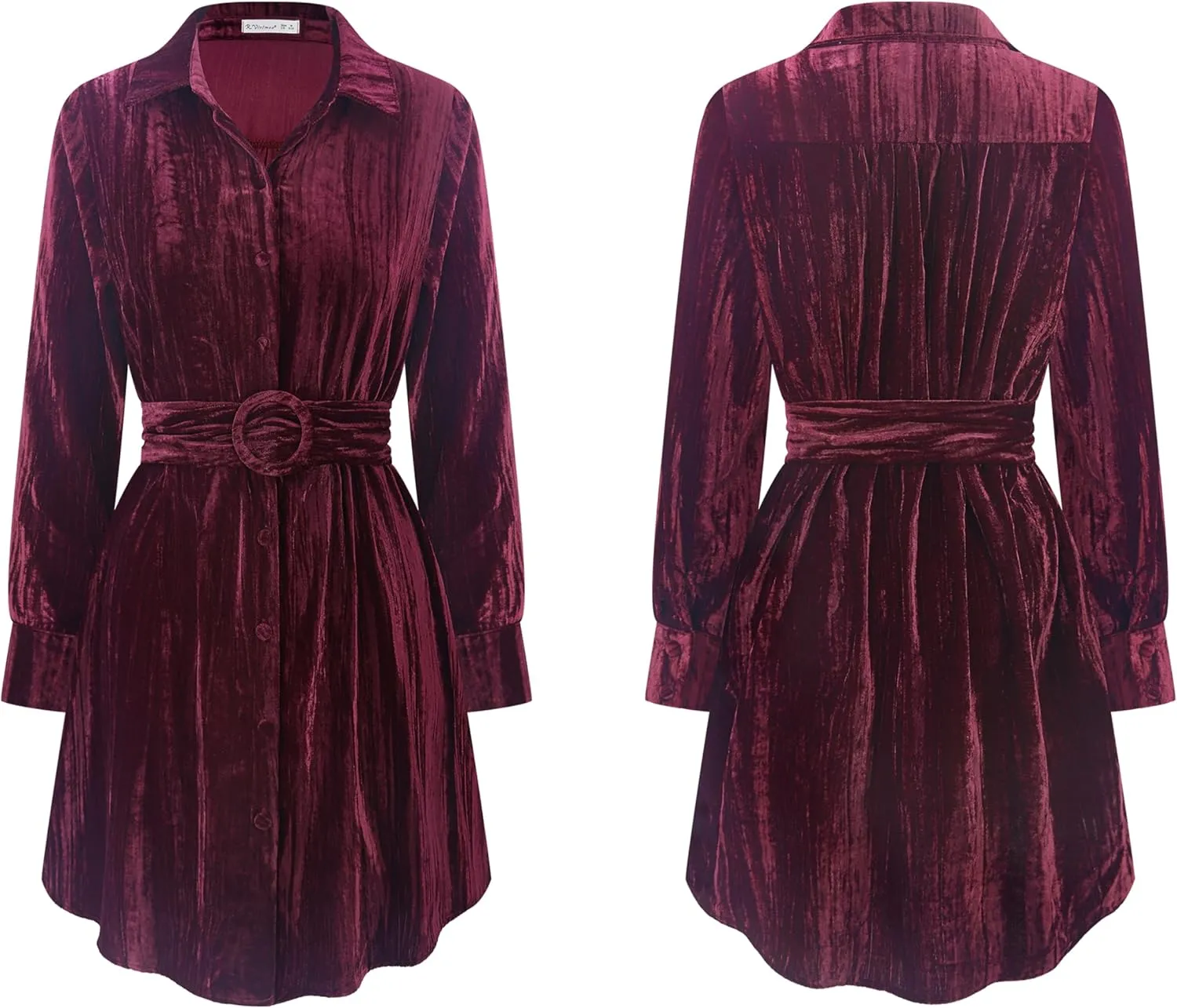 R.Vivimos Women's Shirt Dress Fall Velvet Button Down Long Sleeve Casual Mini Dress with Belt
