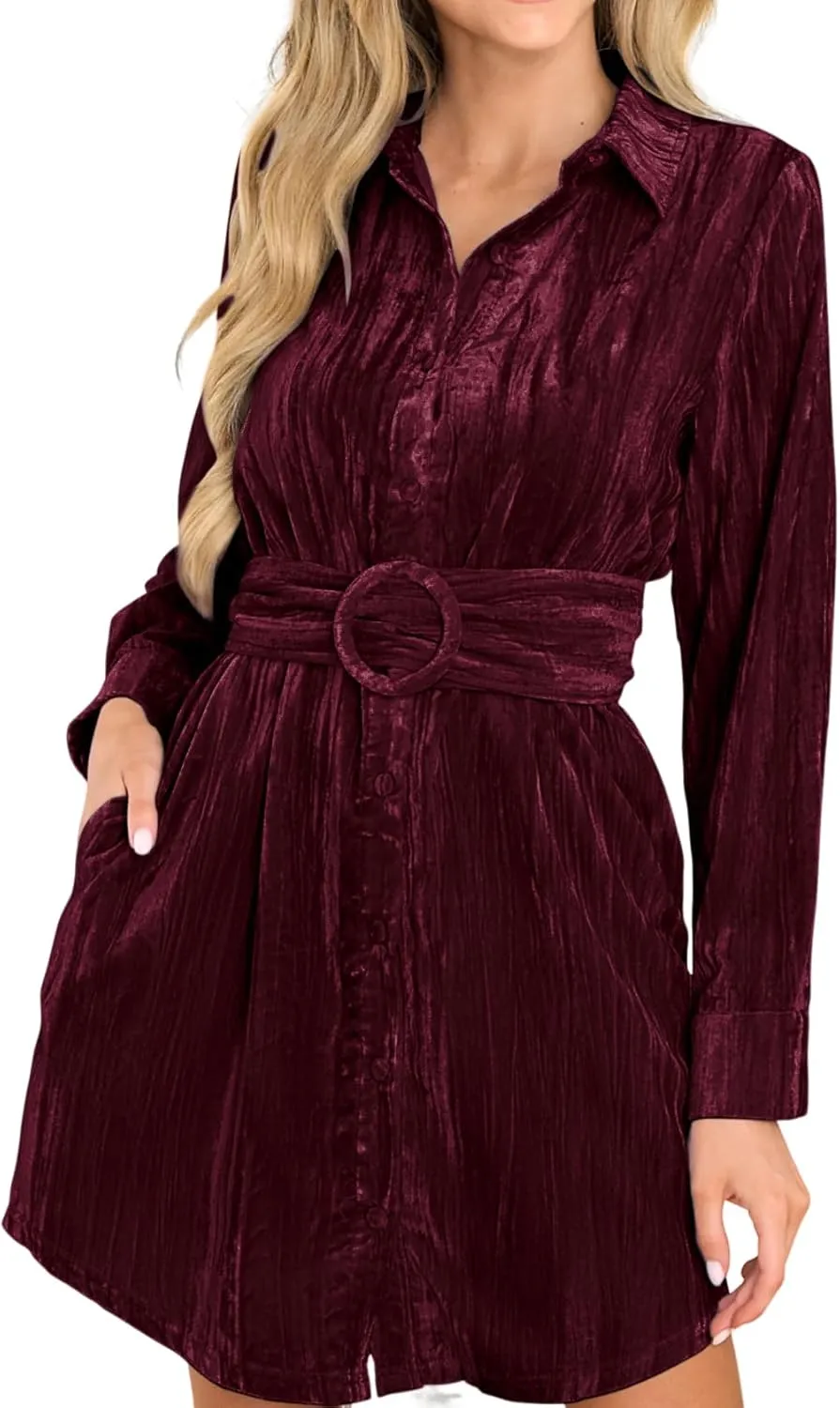 R.Vivimos Women's Shirt Dress Fall Velvet Button Down Long Sleeve Casual Mini Dress with Belt