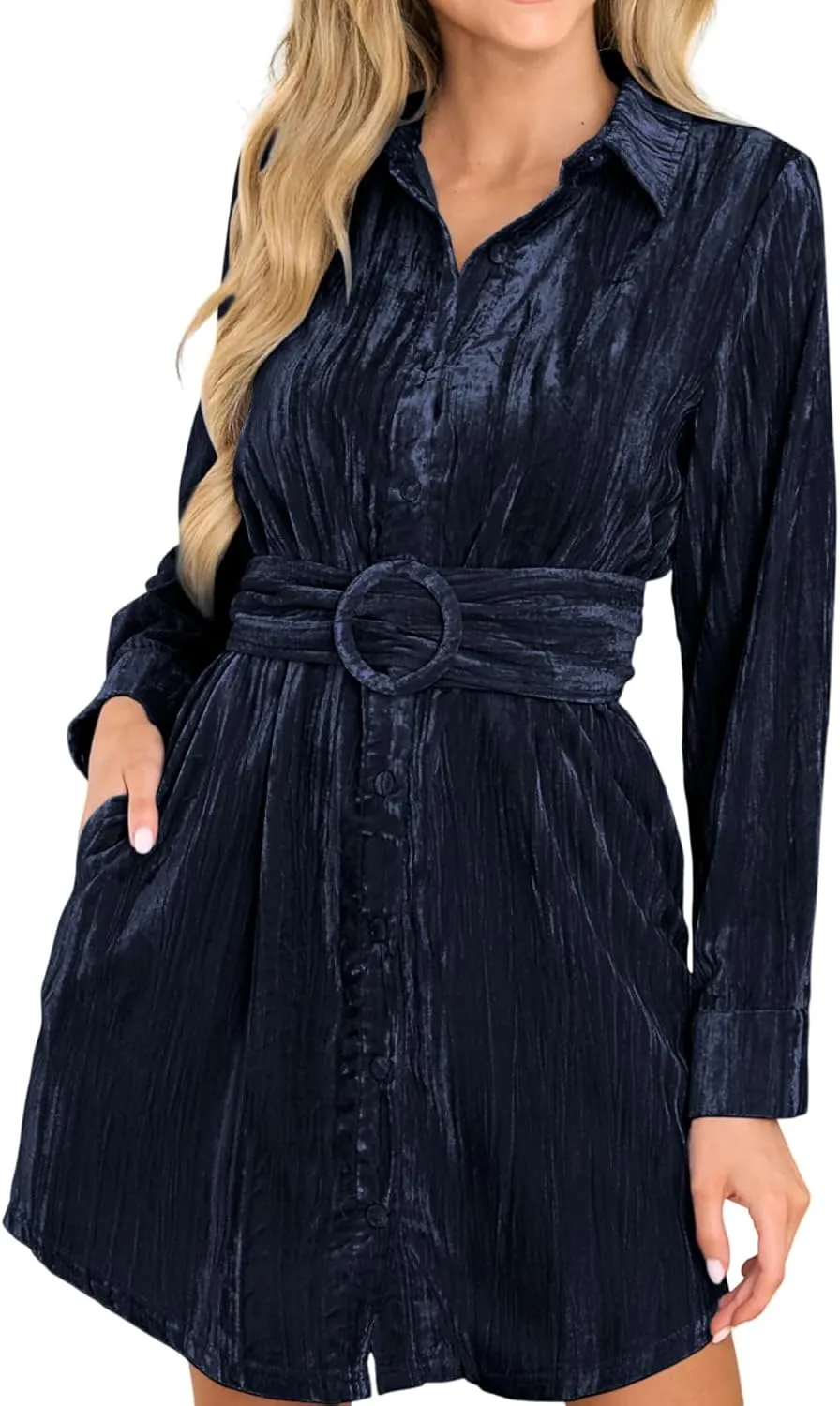 R.Vivimos Women's Shirt Dress Fall Velvet Button Down Long Sleeve Casual Mini Dress with Belt
