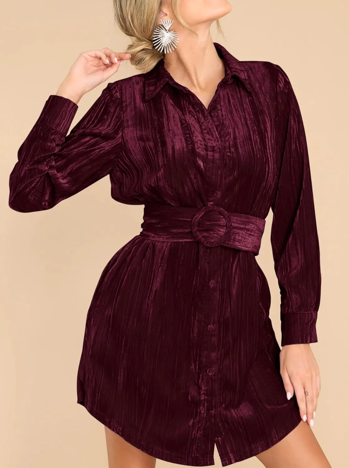 R.Vivimos Women's Shirt Dress Fall Velvet Button Down Long Sleeve Casual Mini Dress with Belt