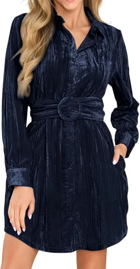 R.Vivimos Women's Shirt Dress Fall Velvet Button Down Long Sleeve Casual Mini Dress with Belt