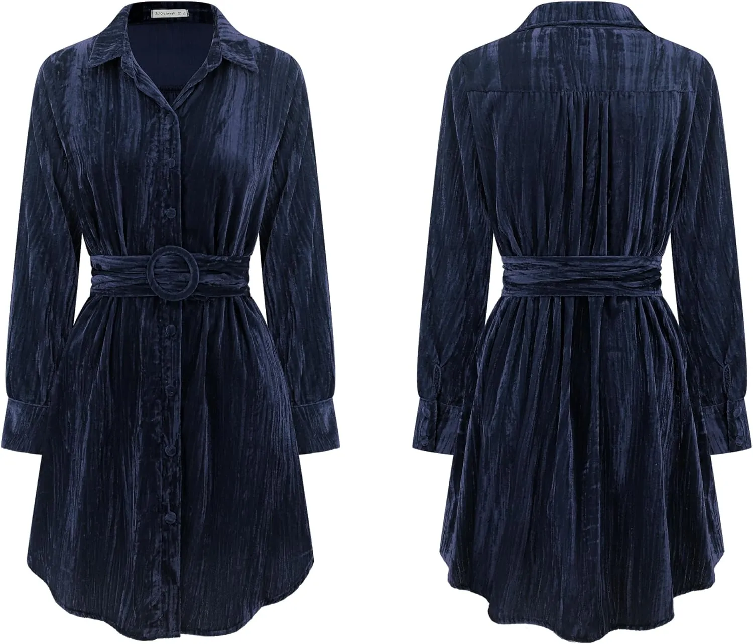 R.Vivimos Women's Shirt Dress Fall Velvet Button Down Long Sleeve Casual Mini Dress with Belt