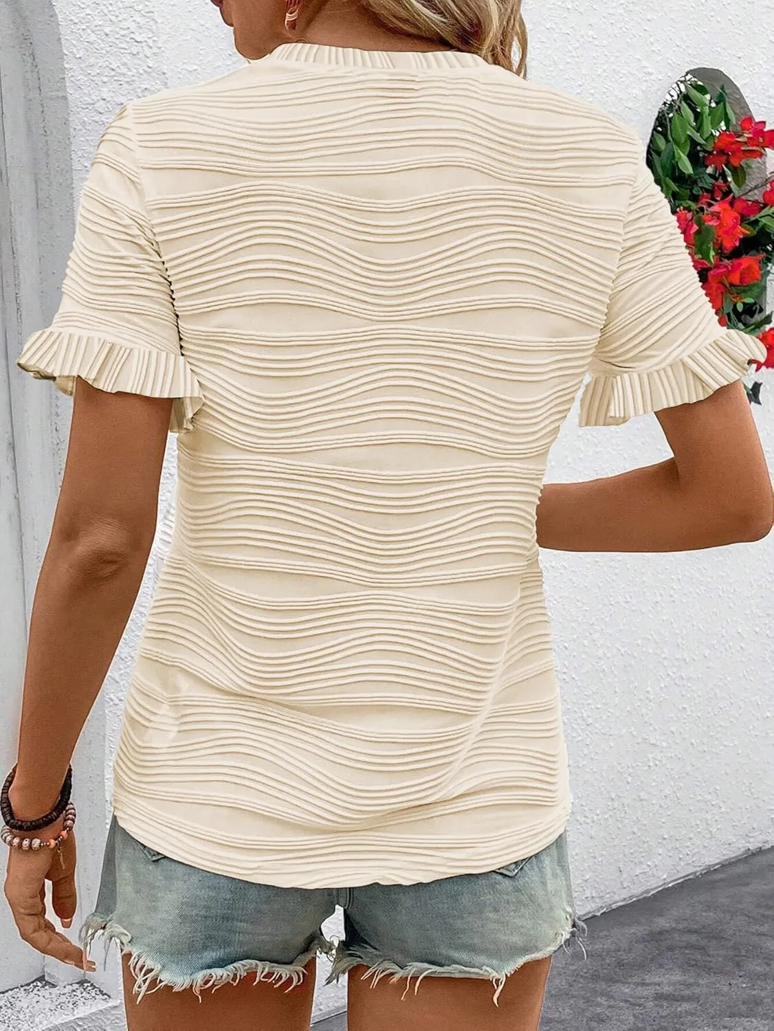 Samefar Womens Crewneck Texture Ruffle Shorts Sleeve Shirts Casual Loose Flowy Tee Tops Blouses Fashion Outfits Trendy