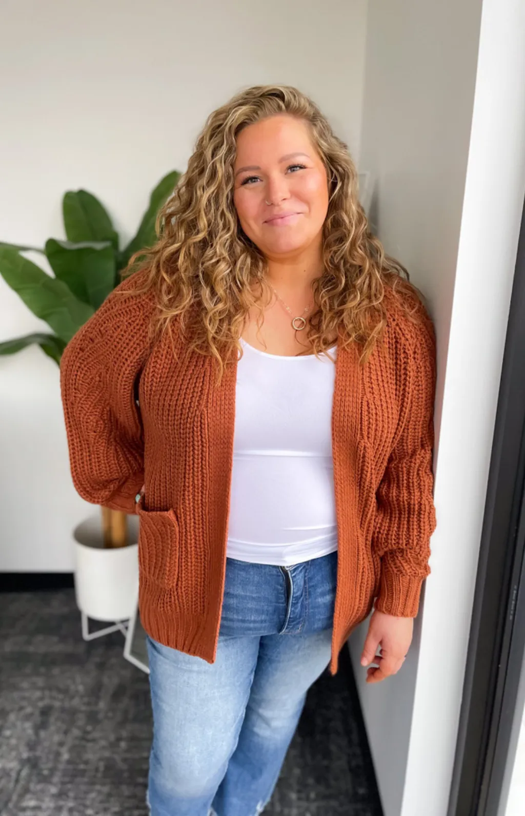 Saylor Chunky Knit Camel Cardigan-Curvy